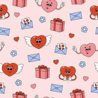 nahtlos Muster von groovig Herzen, Blumen, Umschläge und Geschenk Boxen. Karikatur Zeichen und Elemente im modisch retro Stil auf Rosa Hintergrund vektor