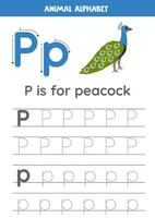 Rückverfolgung Alphabet Briefe zum Kinder. Tier Alphabet. p ist zum Pfau. vektor