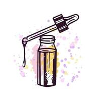 handgemalt Serum Flasche mit Pipette, Schönheit kosmetisch Element. Illustration auf ein Aquarell Pastell- Hintergrund mit spritzt von malen. nützlich zum Schönheit Salon, kosmetisch speichern, bilden. Gekritzel skizzieren. vektor