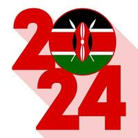 glücklich Neu Jahr 2024, lange Schatten Banner mit Kenia Flagge innen. Vektor Illustration.