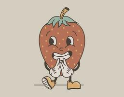 rolig retro häftig frukt karaktär. vektor isolerat upphetsad leende jordgubb bär, gammal tecknad serie stil.