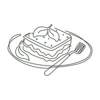 Lasagne auf ein Teller mit Gabel und Spinat Blatt, Vektor isoliert Linie Kunst Illustration von Italienisch Lebensmittel.