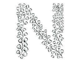 blommig alfabet. vektor isolerat svart och vit brev n dekorerad med elegant löv, skiss stil.