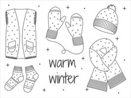 Winter Hand gezeichnet einstellen Kleidung. Linie Kunst gemütlich warm Kleidung. linear Vektor skizzieren Symbol isoliert auf Weiß