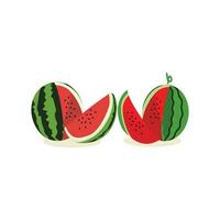 Karikatur frisch Grün öffnen Wassermelone Hälfte, Scheiben und Dreiecke. rot Wassermelone Stück mit beissen. geschnitten Cocktail Wasser Melone Obst Vektor Satz. Illustration von Wassermelone Frische Natur
