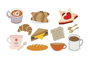 frukost uppsättning. vektor illustration i platt stil. kaffe, te, croissant, kaka, kopp av kaffe.