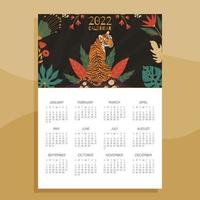 Kalender 2022 zum ausdrucken mit Illustrationen von Tiger und floralem Laub vektor