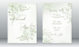 bröllopsinbjudningskort med rosbukett och grön bakgrund vektor