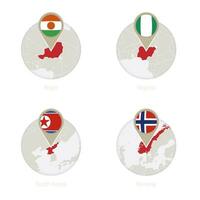 Niger, Nigeria, Norden Korea, Norwegen Karte und Flagge im Kreis. vektor