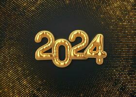 glücklich Neu Jahr 2024. golden Ballon Zahlen 2024 auf schimmernd Hintergrund. hoch detailliert 3d realistisch Gold vereiteln Helium Luftballons. Sprengung Hintergrund mit glänzt. festlich Banner. Vektor Illustration.