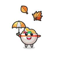 Cartoon der süßen Nudelschüssel mit einem Regenschirm im Herbst vektor