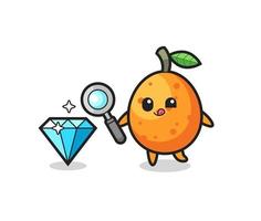 Kumquat-Maskottchen prüft die Echtheit eines Diamanten vektor