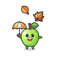 Cartoon des süßen grünen Apfels, der im Herbst einen Regenschirm hält vektor