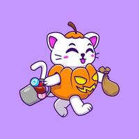 süß Katze Kürbis Halloween halten Süßigkeiten Lutscher Korb Karikatur Vektor Illustration. eben Karikatur Konzept.