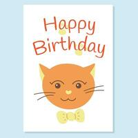 Geburtstag Gruß Karte. Kinder- Illustration von ein rot Katze mit ein Bogen binden. Stil Gekritzel, Karikatur. Vektor Illustration