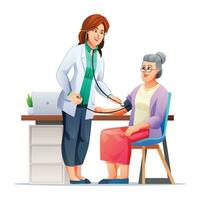 Arzt Messung Blut Druck zu Senior weiblich geduldig. Gesundheitswesen medizinisch Untersuchung Konzept. Vektor Karikatur Charakter Illustration