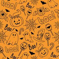 halloween orange sömlös mönster med pumpor, fladdermöss, spindlar, spöken, godis, Spindel webb och Tal bubbla bua. vektor bakgrund textur för utskrift på tyg och papper.läskigt händelse dekoration