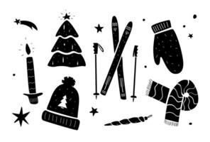 jul uppsättning med en ljus, åka skidor och xmas träd. klotter enkel illustration med en söt högtider element vektor