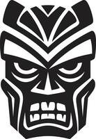 Regal Tiki Majestät emblematisch Stammes- Emblem Gelassenheit im schwarz und Weiß einheimisch Maske Design vektor