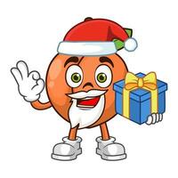 Pfirsich Obst Santa Karikatur Charakter halten ein Geschenk vektor