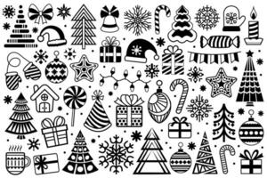 abstrakt stilisiert Weihnachten Design Elemente. schwarz und Weiß Dekorationen, eben dekorativ Abbildungen bündeln. Sammlung mit Weihnachten Bäume, Geschenk Kisten, Bälle, Schneeflocken, Süßigkeiten und andere Entwürfe. vektor