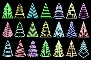 bunt glühend Weihnachten Bäume. abstrakt, dekorativ stilisiert Neon- Weihnachten Bäume Sammlung mit anders Farbe isoliert auf dunkel Hintergrund. vektor