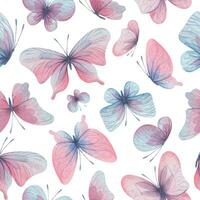 Schmetterlinge sind Rosa, Blau, lila, fliegend, zart mit Flügel und spritzt von malen. Hand gezeichnet Aquarell Illustration. nahtlos Muster auf ein Weiß Hintergrund, zum Design vektor
