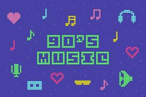 90s musik baner, retro stil vektor affisch. ljus pixeled brev på violett bakgrund