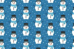 söt vektor snögubbe sömlös mönster. faller snöflingor på blå bakgrund. jul och ny år design