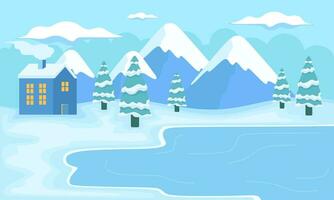 süß Winter Landschaft. Winter Banner. schön Häuser im ein schneebedeckt Schlucht. horizontal Landschaft. Winter Kabine Illustration vektor