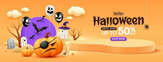 glücklich Halloween Verkauf, Orange Podium 3d, Kürbisse schließen einer Auge, Kerze und Schläger fliegend, Bäume, Spinne Netz, Banner Design auf Orange Hintergrund, eps 10 Vektor Illustration