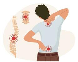 ein Mann mit Schmerzen im das zervikal und Lendenwirbelsäule Wirbel. zurück Schmerz, Muskel Schmerz, Arthrose, rheumatoide Arthritis. Medizin. Illustration, Vektor