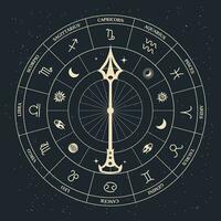 klocka med astro zodiaken tecken i en mystisk esoterisk cirkel på en kosmisk bakgrund. guld och svart design. horoskop illustration, vektor