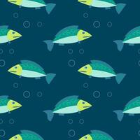 sömlös mönster, söt tecknad serie fisk på en blå vatten bakgrund med bubblor. skriva ut, bakgrund, vektor