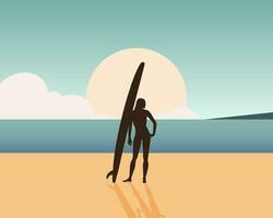 flicka surfare på de havsstrand med en surfingbräda på de stranden. sporter och rekreation. illustration, vektor