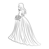 brud i en bröllop klänning med en bukett av blommor på en vit bakgrund. linje konst, skiss, kontur teckning, vektor