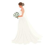Braut im ein Hochzeit Kleid mit ein Strauß von Blumen auf ein Weiß Hintergrund. Luxus Hochzeit Illustration, Vorlage zum Einladung, Vektor