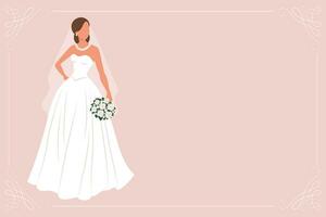 Braut im ein Weiß Hochzeit Kleid mit ein Strauß von Blumen. Luxus Hochzeit Banner Vorlage zum Einladung. Illustration, Vektor