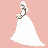 Braut im ein Hochzeit Kleid mit ein Strauß von Blumen. Luxus Hochzeit Illustration, Vorlage zum Einladung, Vektor