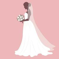 Braut im ein Hochzeit Kleid mit ein Strauß von Blumen. Luxus Hochzeit Illustration, Vorlage zum Einladung, Vektor