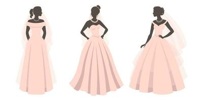 uppsättning av brudar i rosa bröllop klänningar, silhuetter. lyxig bröllop klänningar för brudar. illustration, vektor