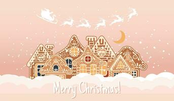 vinter- landskap med söt pepparkaka hus, santa med ren och natt himmel. glad jul hälsning kort mall. illustration i platt stil. vektor