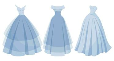 ein einstellen von luxuriös Blau Kleider, ein Sammlung von Prinzessin Hochzeit Kleider. Mode. Illustration, Vektor