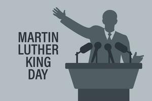 Martin Luther König jr. Tag Gruß Karte Design. mlk Tag. Silhouette von ein Politiker auf ein Podium mit Mikrofone. Vektor
