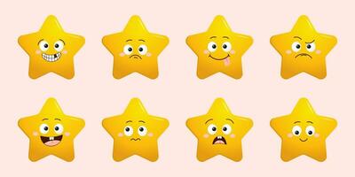 Star Charakter Satz. Gold komisch Sterne mit Emotionen auf Gesicht, süß Karikatur Emoji Design. Vektor