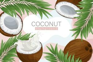 kokos bakgrund. kosmetisk märka bakgrund, realistisk kokos mjölk, kokos och handflatan löv på abstrakt rosa textur. strand affisch. vektor