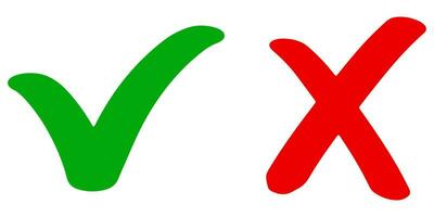 hand gezeichnet vom grünen häkchen und vom roten kreuz lokalisiert. Richtiges und falsches Symbol. Vektor-Illustration. vektor