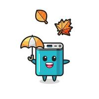 Cartoon der süßen Powerbank, die im Herbst einen Regenschirm hält vektor