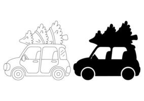 schwarz Silhouette. das Auto ist Tragen ein Weihnachten Baum. Design Element. Vektor Illustration isoliert auf Weiß Hintergrund. Vorlage zum Bücher, Aufkleber, Poster, Karten, Kleidung.