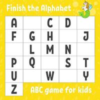 beende das Alphabet. ABC-Spiel für Kinder. Arbeitsblatt zur Bildungsentwicklung. Lernspiel für Kinder. Farbaktivitätsseite. vektor